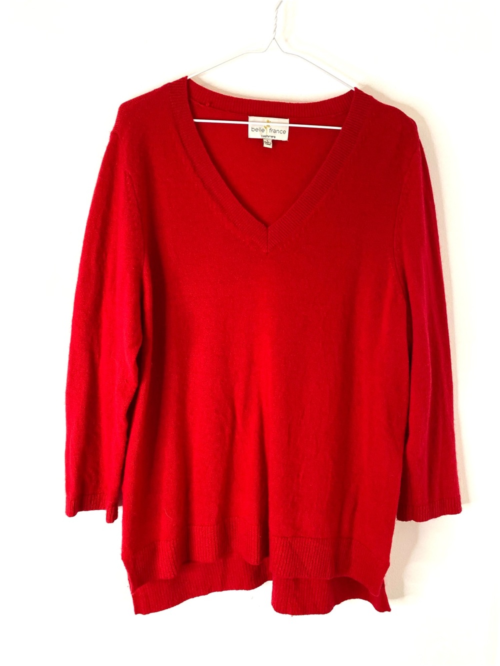 100% Cashmere Red V Neck High Low Tunic Sweater Belle France